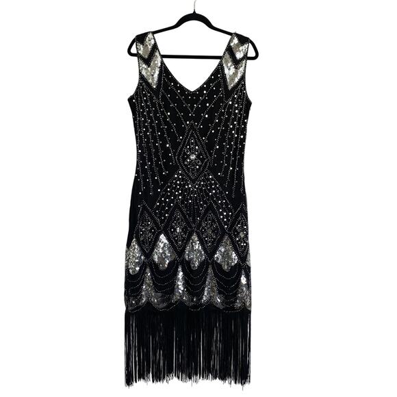 Unique Vintage 1920's Gatsby Flapper Dress Black and Silver Size Large - Picture 4 of 6